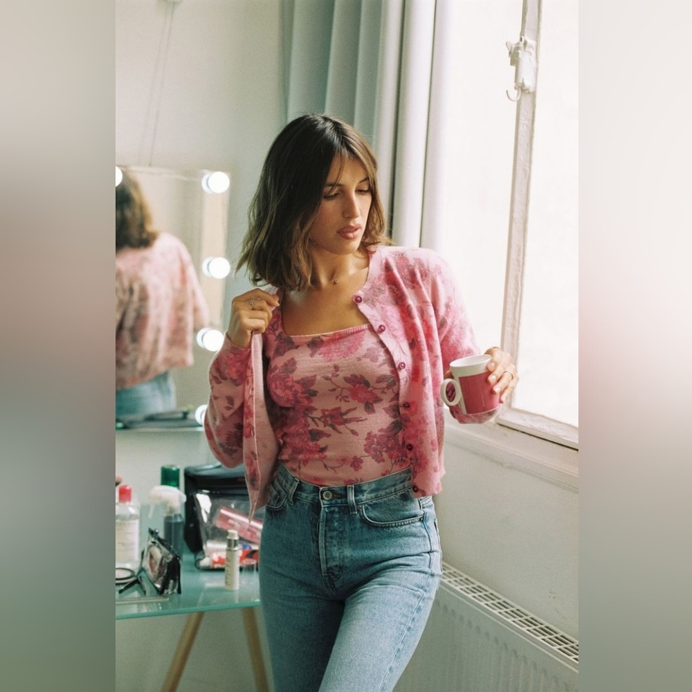 Rouje Claudette Sweater, Pink Floral Knit. Size 36 (Small).
